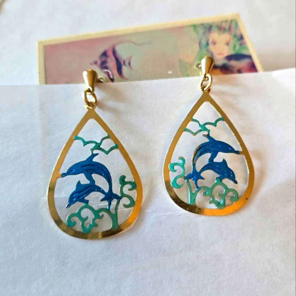 Earrings Dolphin Gold And Blue Dangle Caribbean Sea Gems 90s